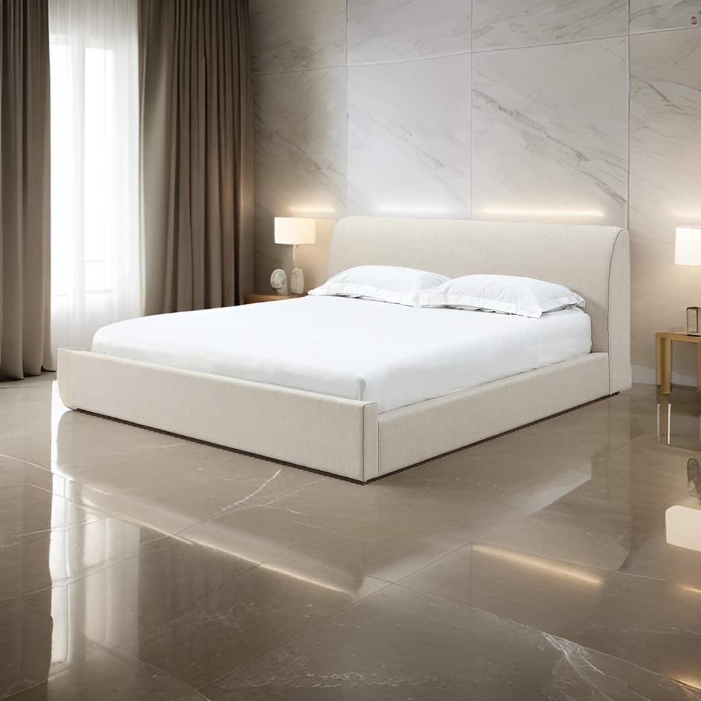 Reza Queen Size Platform Bed, Sleigh Headboard, Low Profile, Beige Linen