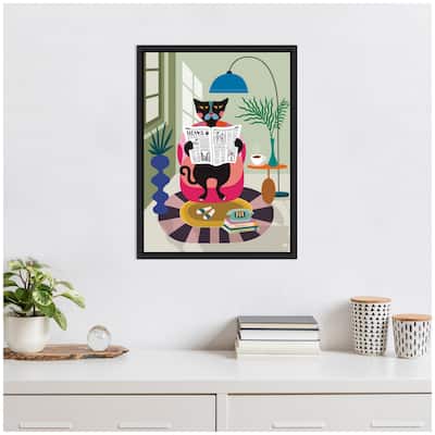 Kate and Laurel Sylvie Black Cat Reading Newspaper Framed Canvas by Rachel Lee