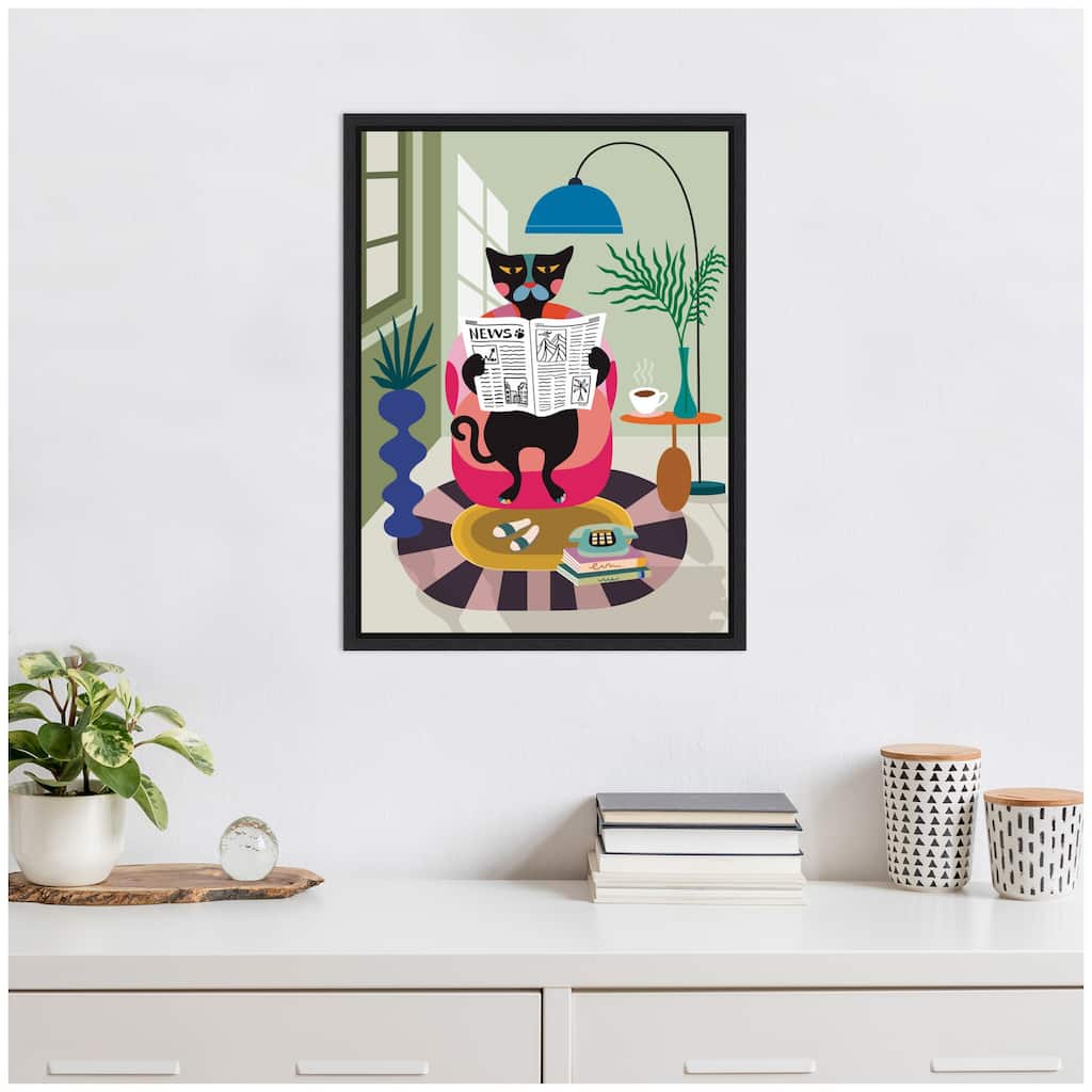 Kate and Laurel Sylvie Black Cat Reading Newspaper Framed Canvas by Rachel Lee