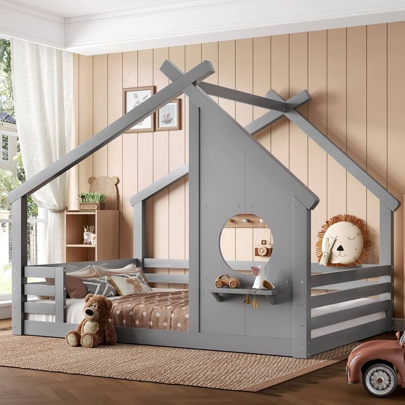 Montessori Kids House-shaped Floor Bed with Window and Shelf