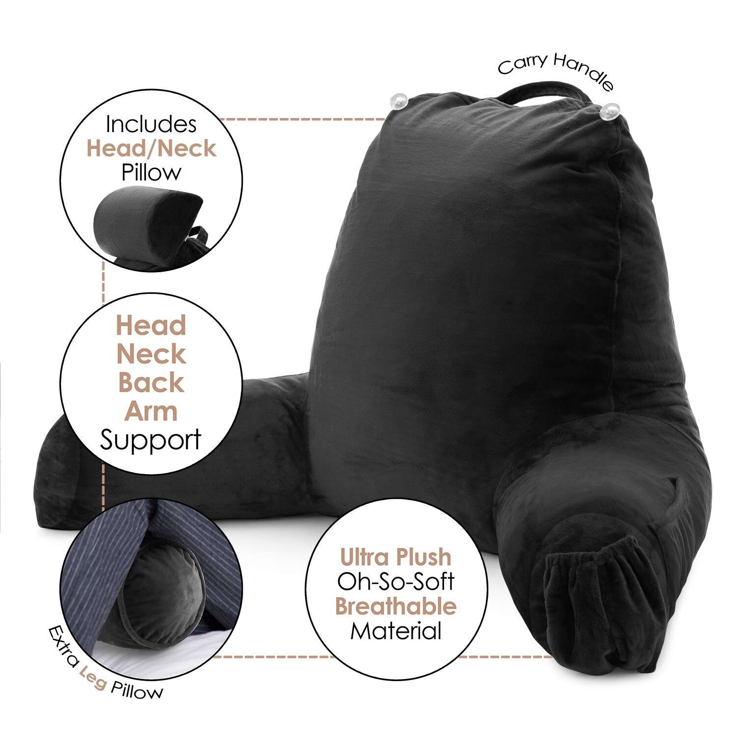 Nestl Backrest Reading Pillow, Back Support Pillow with Arms, Shredded Memory Foam Bed Rest Pillow, Silver Gray