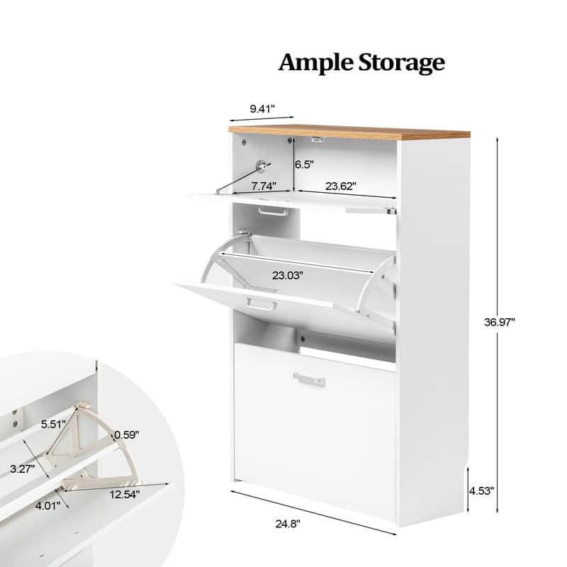 Hidden Shoe Cabinet with 3 Flip Drop-Down Door White & Oak
