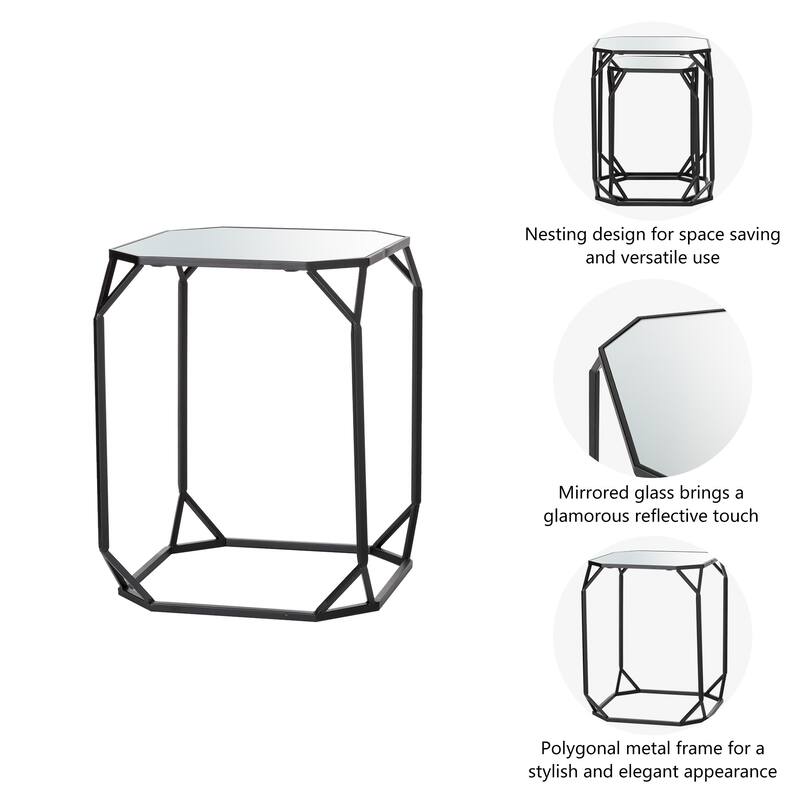 Glitzhome Set of 2 Glam Glass Modern Square/Octagon Gold/Silver Side Table Sofa Table