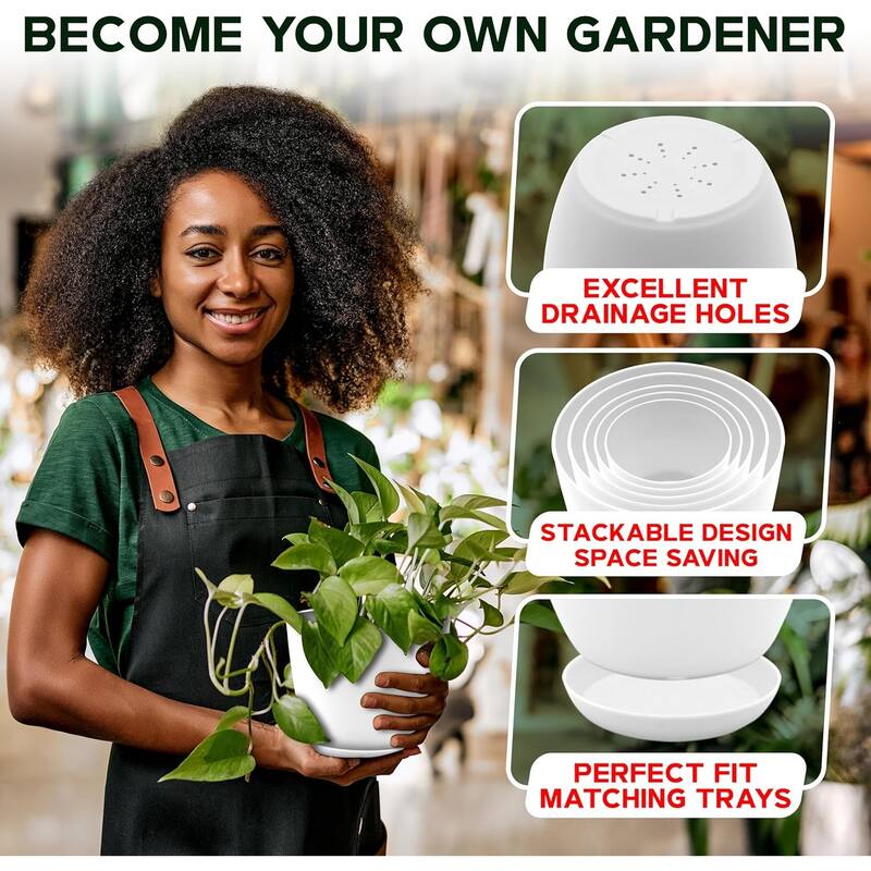 Plastic Plant Pots with Drainage - Home Decor Flower Pot, Stackable Design for Indoor and Outdoor Use, Space-Saving