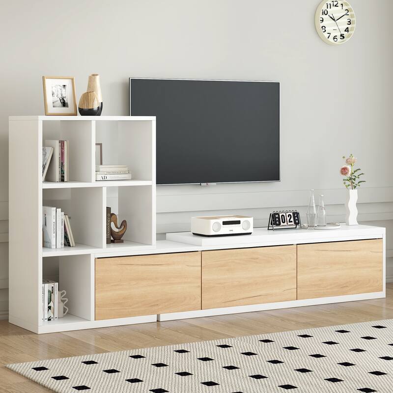 Modern Extended TV Stand with 3-Tier Bookshelves, Storage Cabinets and Sliding Tabletop, for Living Room, White