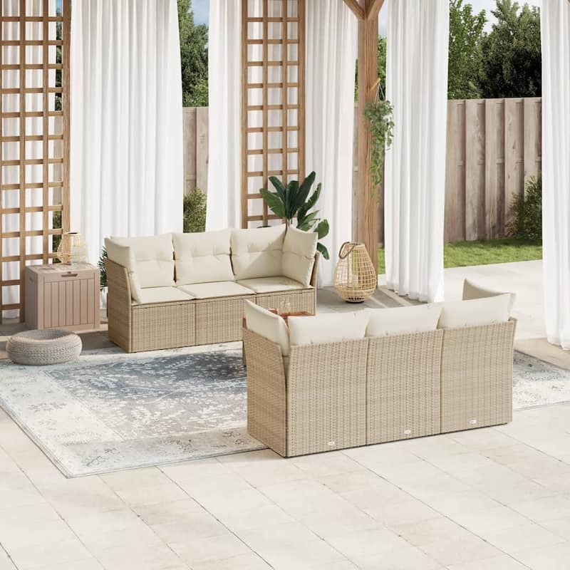 vidaXL Patio Sofa Set with Cushions Outdoor Furniture 7 Piece Poly Rattan - 21.7 x 21.7 x 14.6 - Beige and cream