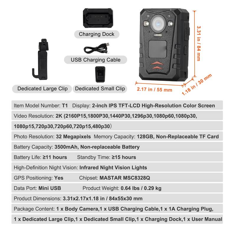 1440P HD Police Body Camera, Body Cam with Audio Video Recording Picture, 2.0" LCD, Infrared Night Vision