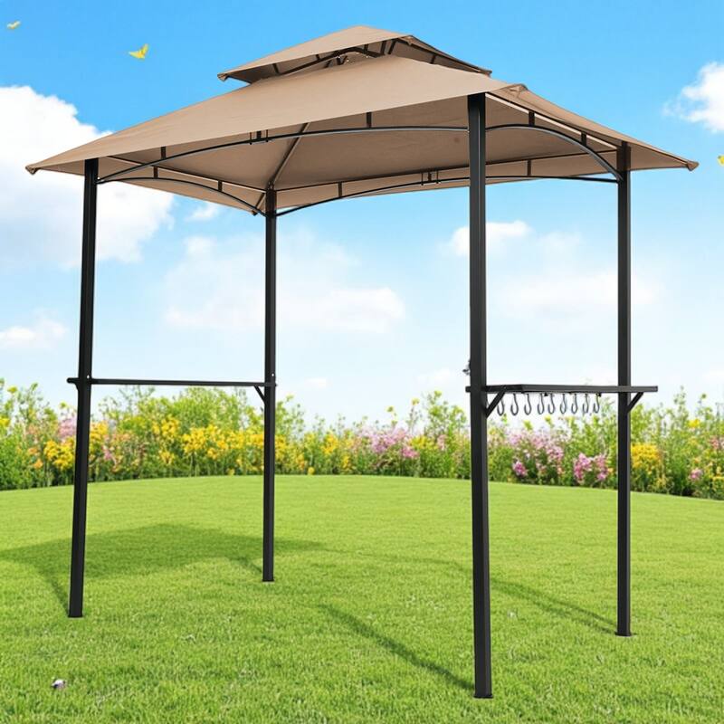 Outdoor Grill Gazebo 8x5 Ft, Double Tier Soft Top Canopy with Steel Frame, Bar Counters & Hook for BBQ
