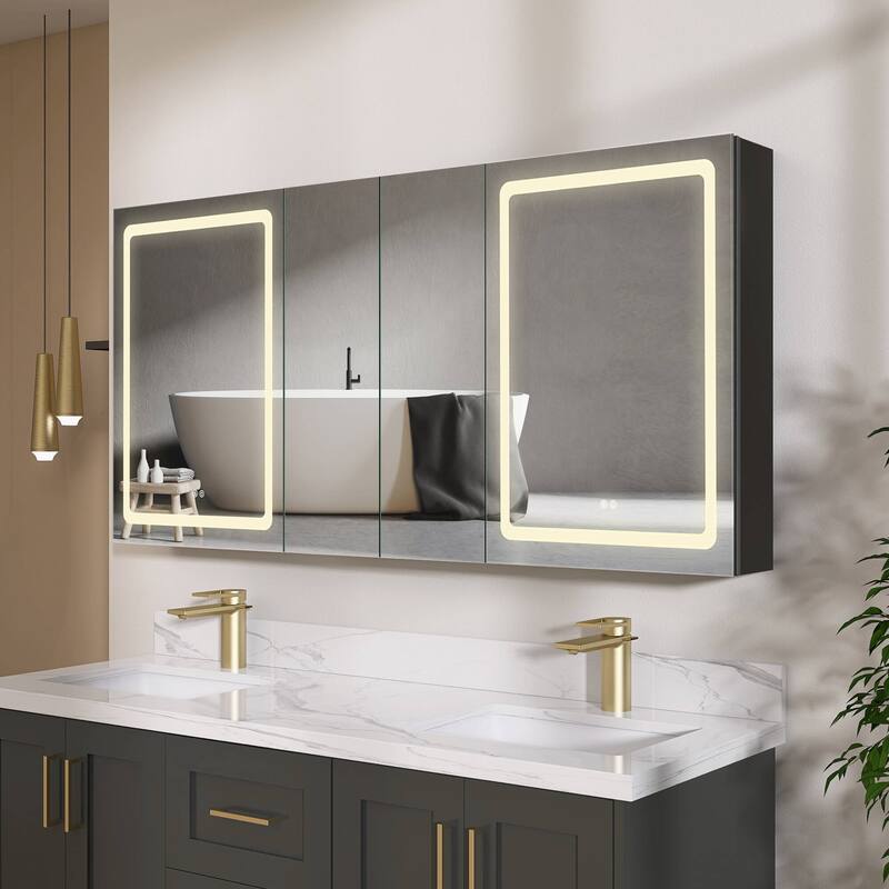 ZEAFIVE LED Black Bathroom Medicine Cabinet Surface Mount Defog Medicine Cabinet 3 Lights Dimmable