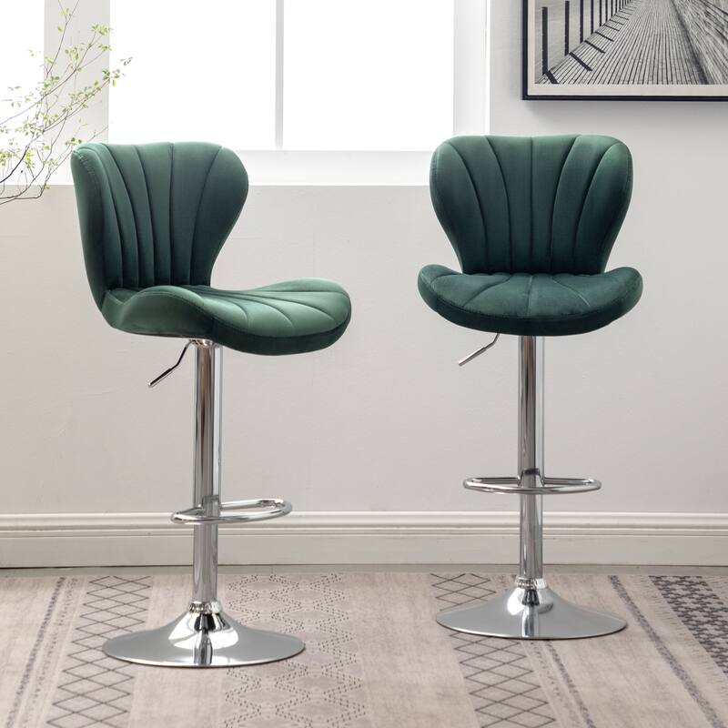 Set of 2 Adjustable Swivel Barstools with Upholstered Bucket Seats and Chrome Footrest.