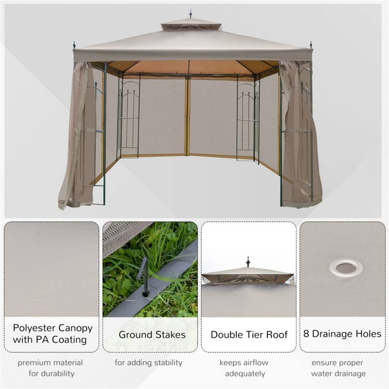 Brown-Charcoal Grey Polyester Steel Outdoor Gazebo with Shelves and Netting