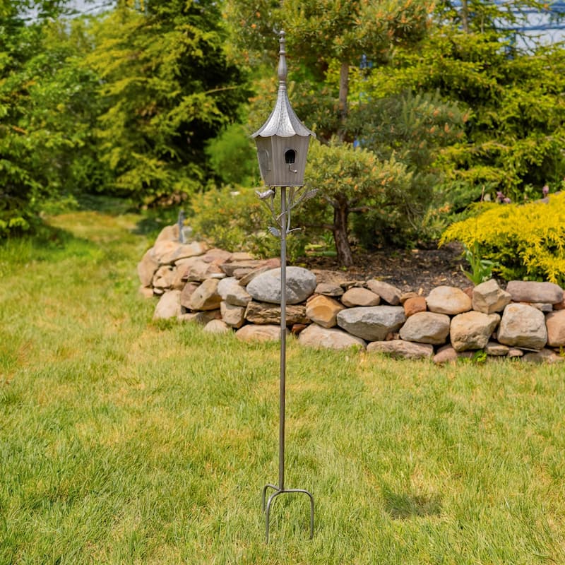 66" Tall Iron Birdhouse Stake "Verona" - 8" L x 7" W x 66" H