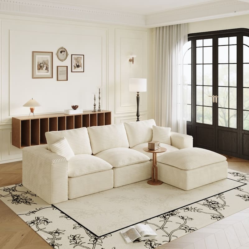 108.26" Corduroy Upholstered Sectional Sofa with Flexible Ottoman - Beige