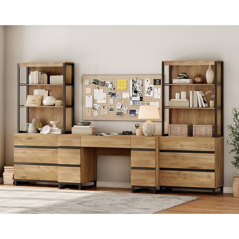 59In Modern Executive Desk With Charging Station & Drawers And 2 PCS 72In Tall BookcasesFor Living Room, Bedroom