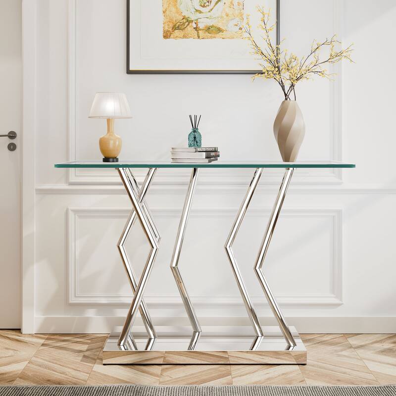 Tempered Glass Top Console Table, Entryway Sofa Table with Metal Base - 43.3"L x 15.8"W x 29.9"H