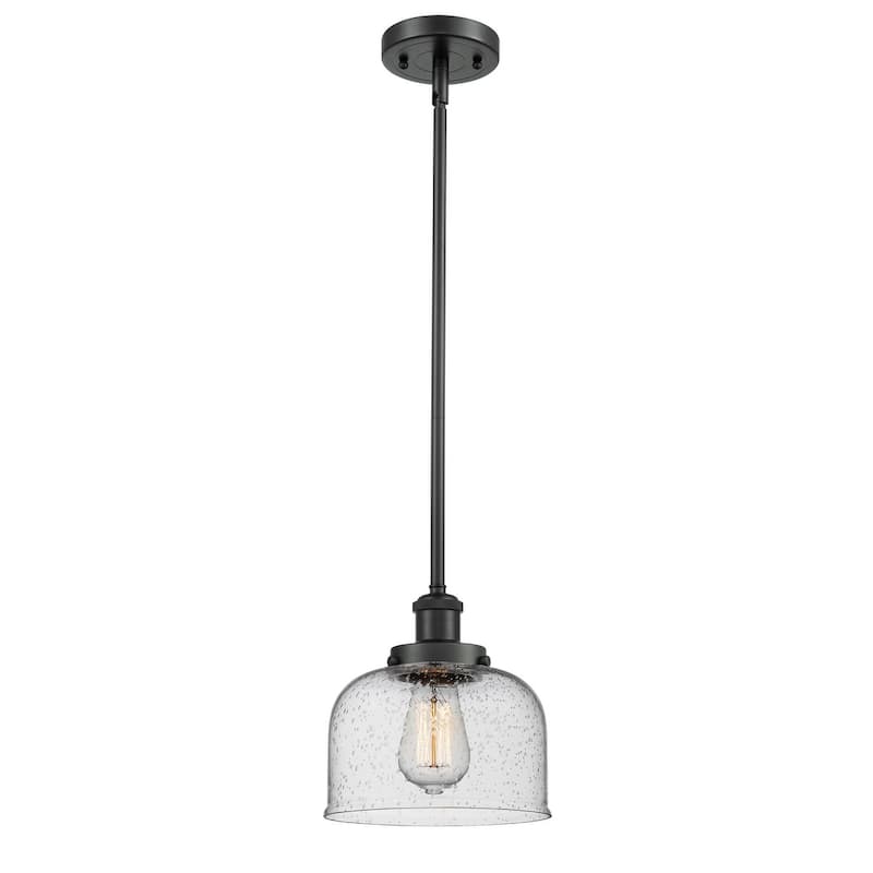 Innovations Lighting Large Bell 8" Wide Mini Pendant - Rod Hung - Matte Black / Seedy