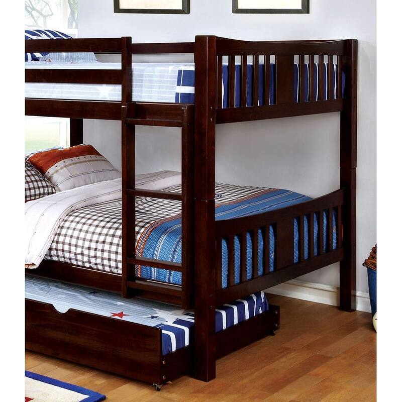 Full Over Full Bunk Bed with Attached Ladder, Trundle Included, Solid Wood Construction in Dark Walnut Finish