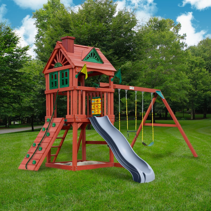 Gorilla Playsets Nantucket II Outdoor Wooden Swing Set with Gray Slide