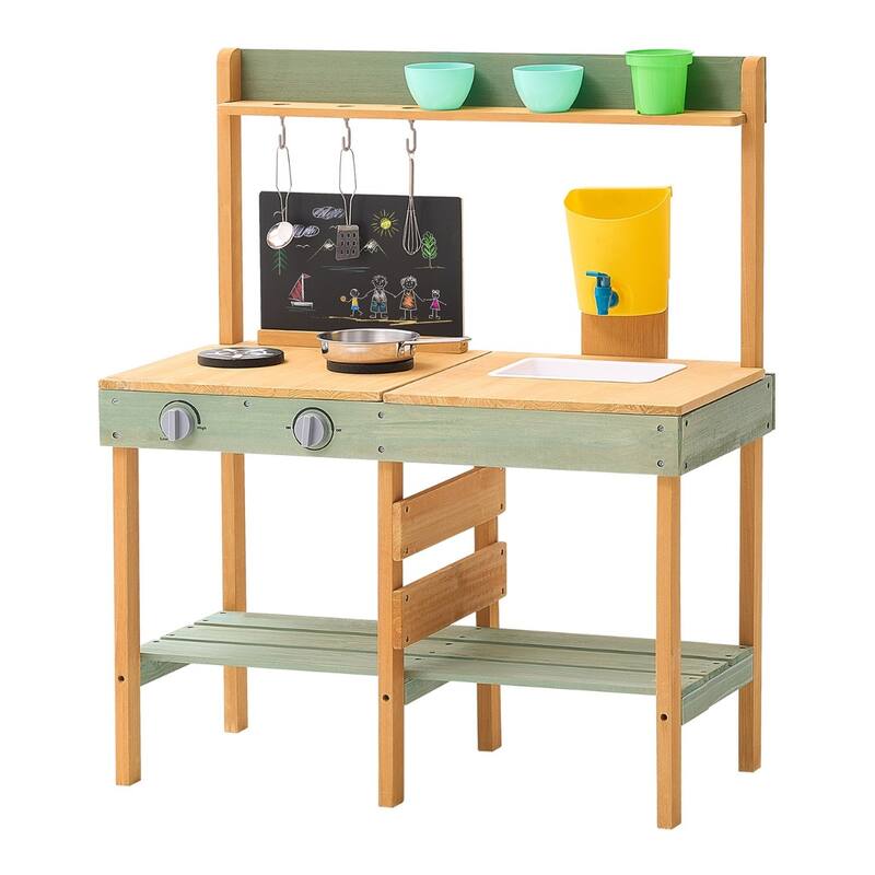Natural-Green Cedar Wood Outdoor Mud Kitchen Playset for Kids - 15.4” D x 30” W x 36” H - Natural-Green