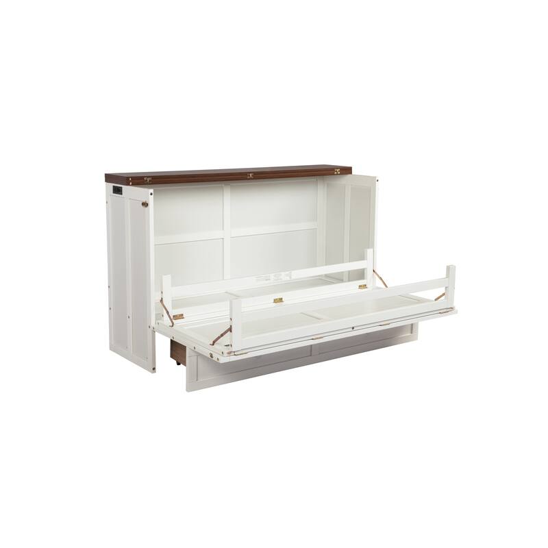 Roomfitters Queen Bed Cabinet with Storage Compartment & Charging Station, USB Ports, Solid Pine Space Saving Bed, White Walnut