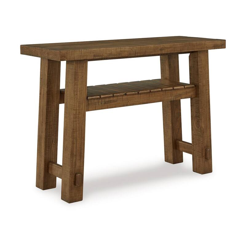 Ack Sofa Console Table, Slatted Shelf, Block legs, 48 Inch Brown Wood