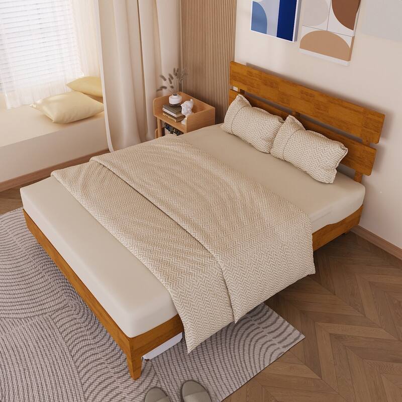Modern Brown Solid Wood Platform Bed Frame with Headboard