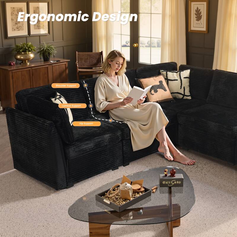 HOOOWOOO Modular U-shaped Corduroy Fabric Sectional Sofa Couch with Ottoman