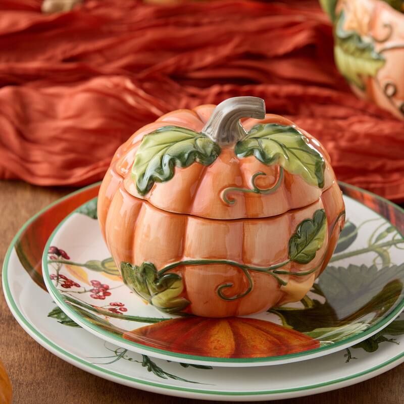 Certified International Harvest Fields 3-D Pumpkin Set of 2 Covered Soup Bowl - 5.88"W x 5.88"D x 4.63"H