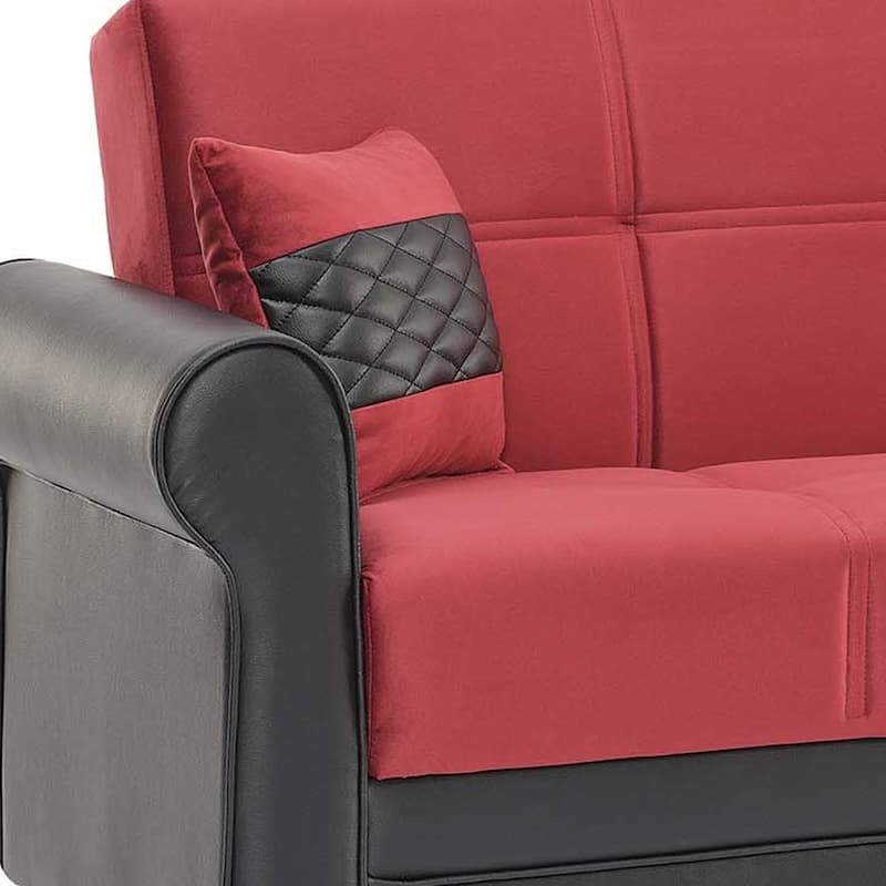HomeRoots 89" Black And Burgundy Faux Leather And Velvet Convertible Futon Sleeper Sofa With Toss Pillows And Storage