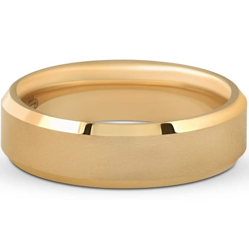 Bliss Diamond Mens Gold Plated Tungsten Ring 6mm Comfort Fit Brushed Beveled Edge Wedding Band - 9