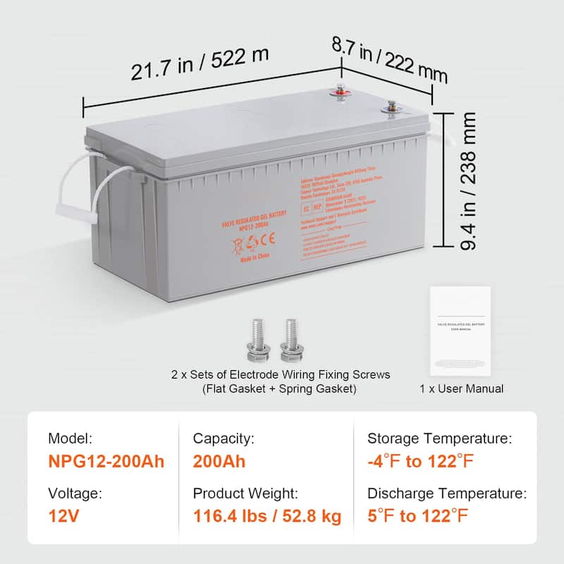 Rechargeable AGM Marine Battery with a Self-Discharge Rate, 1400A Current - 12V 200 AH 21.7'' x 9.4'' x 8.7''