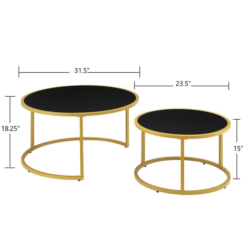Modern Faux Leather Nesting Coffee Tables, Round Accent Tea Table Set of 2 with Gold Metal Base for Living Room