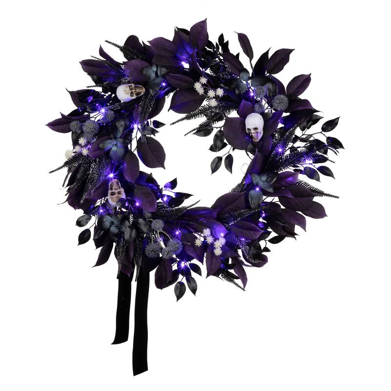 National Tree Company 26" Artificial Floral Mini Skull Wreath, 30 Purple LED Lights, Battery Operated - 26 in