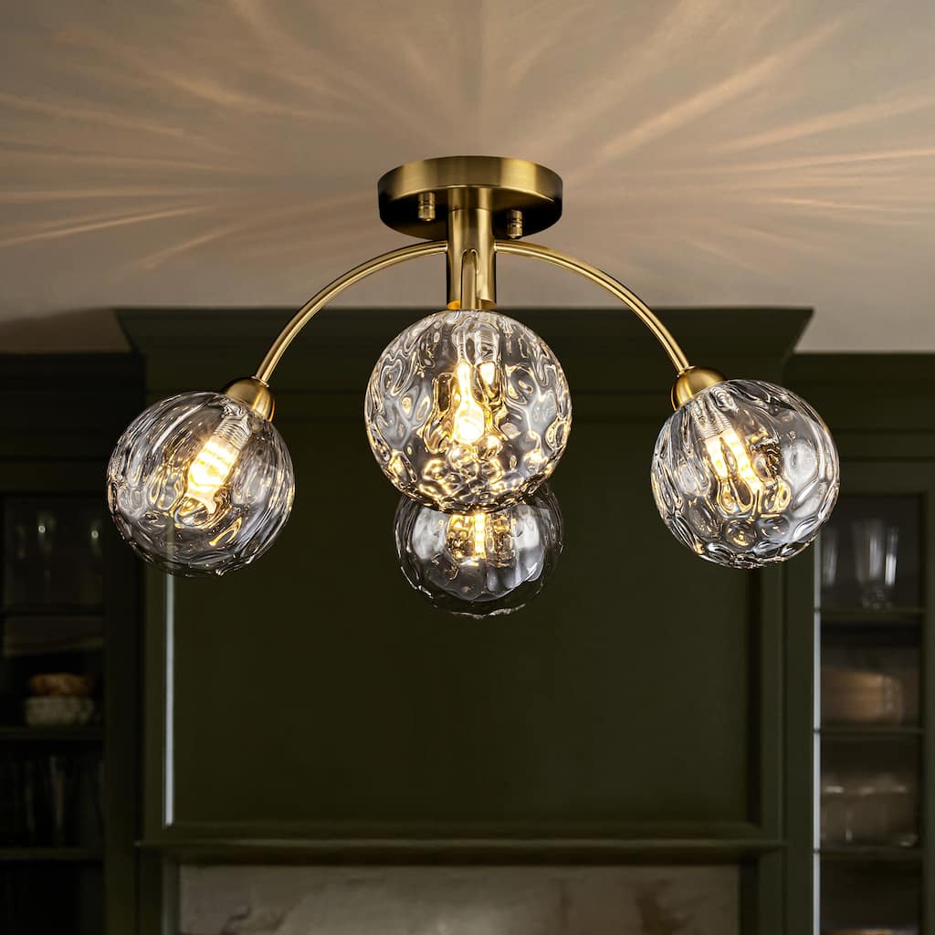 Rennnsan 4-Light 20 in. Black/Gold Water Ripple Glass Semi Flush Mount Ceiling Light, Modern Glam Globe Light Fixture