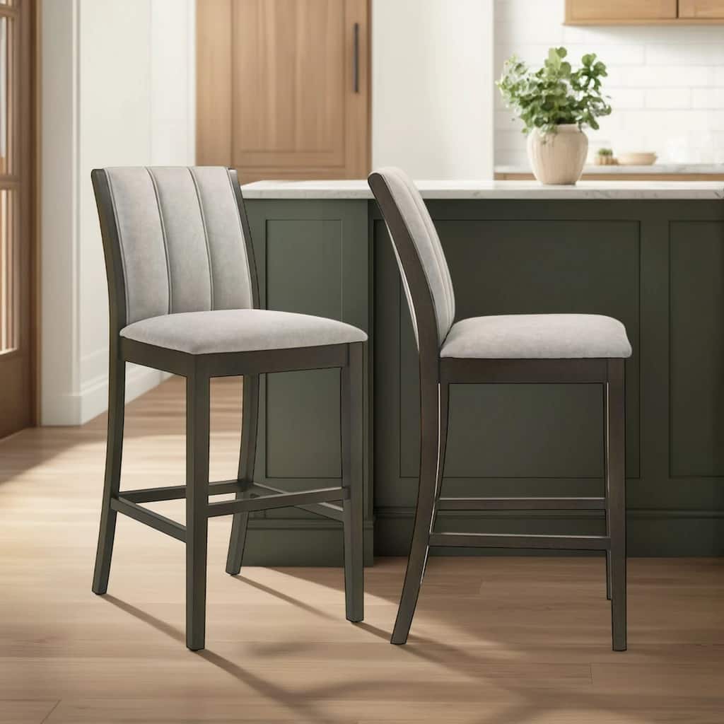 Nolan 26 in. Dark Roast Counter Height Rubberwood Barstool with Grey Fabric Seat - Set of 2