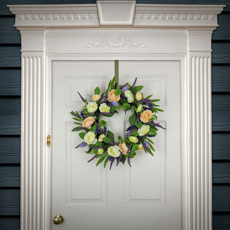National Tree Company 24 inch Artificial Spring Wreath with Ranunculus and Astilbe Flower Blooms, Realistic Floral Decoration