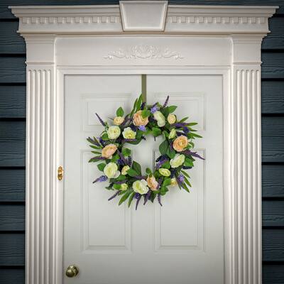 National Tree Company 24 inch Artificial Spring Wreath with Ranunculus and Astilbe Flower Blooms, Realistic Floral Decoration