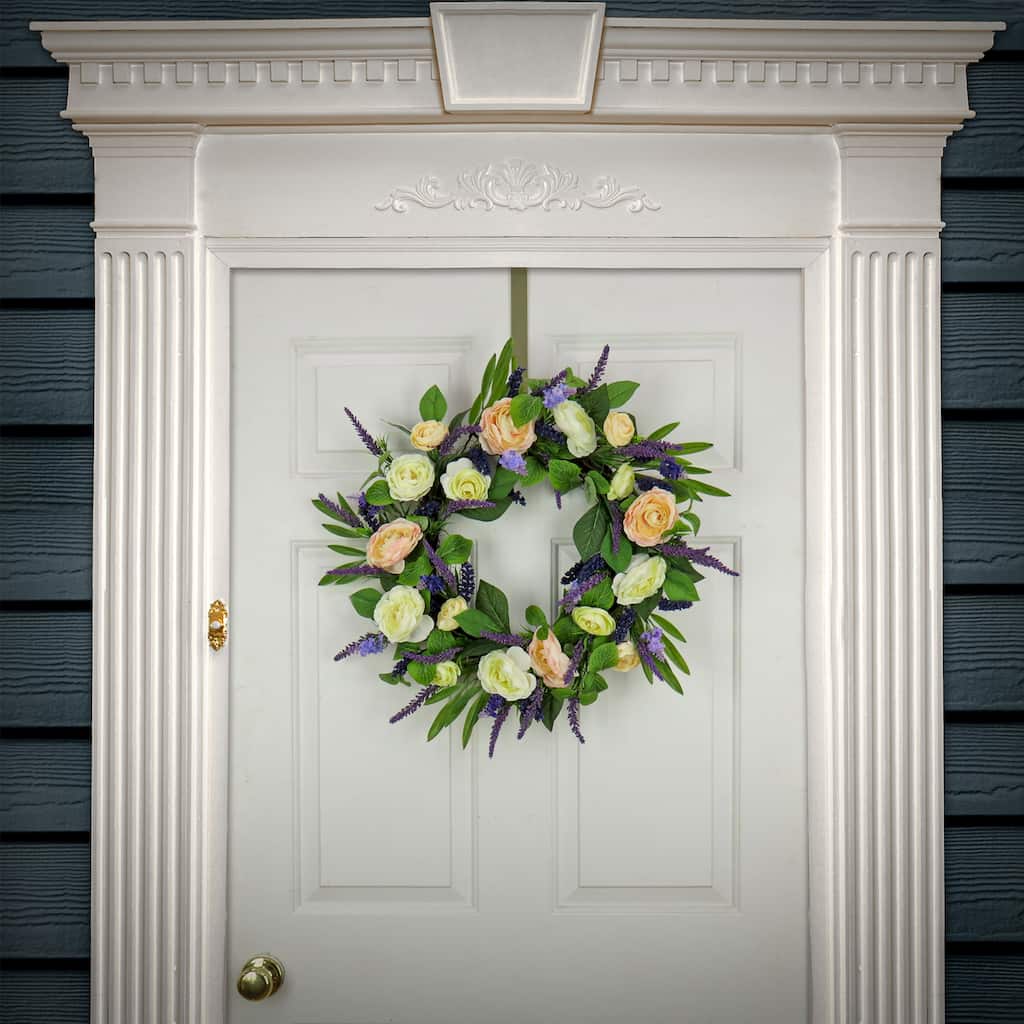 National Tree Company 24 inch Artificial Spring Wreath with Ranunculus and Astilbe Flower Blooms, Realistic Floral Decoration
