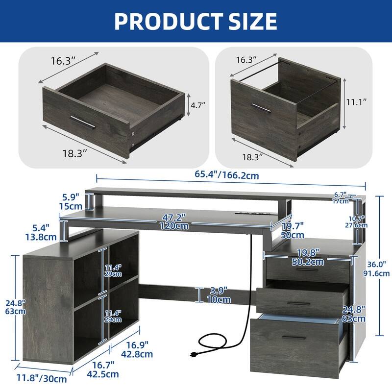 Moasis 65-inch L Shaped Computer Office Desk with Cabinet Drawers Gaming Desk w/Power Outlets & LED Lights