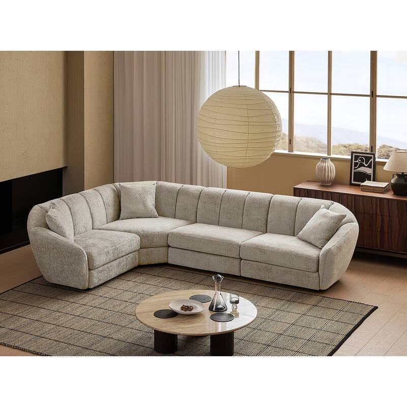 Slope Arm Chenille Fabric Rectangle Sectional Sofa Scallop Sofa in Light Brown