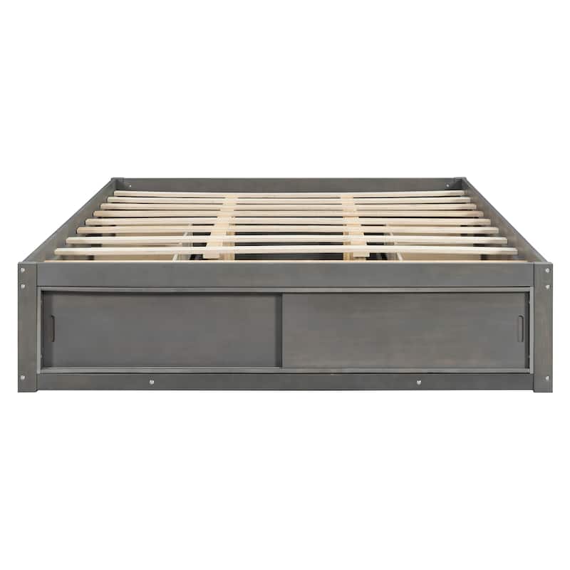 Queen Size Platform Bed Frame with 4 Storage Drawers & Footboard Cubby, No Headboard Design