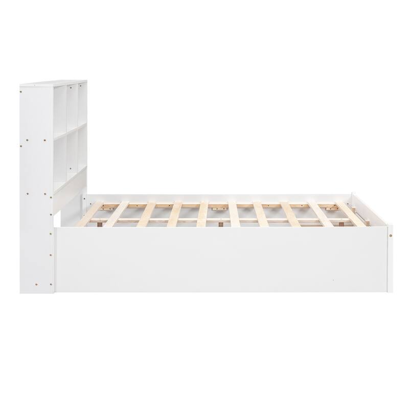 Full Size Bed Frame with Storage Headboard, Charging Station, and Two Drawers, Pine Wood & MDF Construction