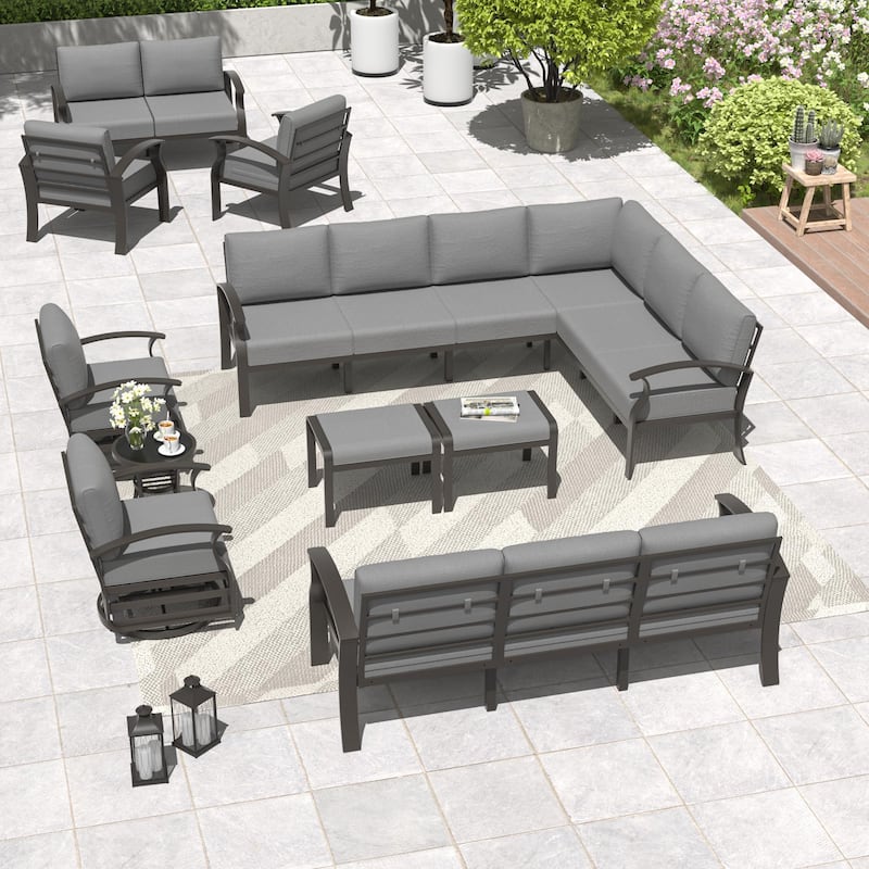 Aluminum Patio Furniture Set with FirePit Ottomans Swivel Chairs,Sectional Sofa with Thick Seat Cushions for Porch Garden