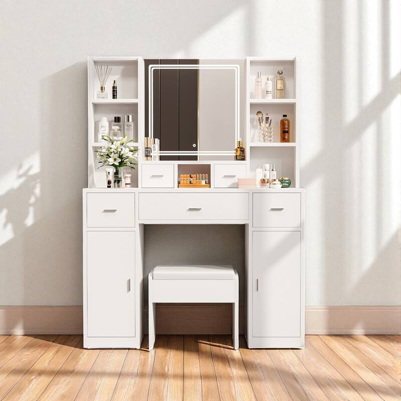 43" Vanity Desk with LED Mirror & Lights, Hair Dryer Rack, 5 Drawers, 2 Cabinets & Stool, Makeup Dressing Table for Bedroom - White