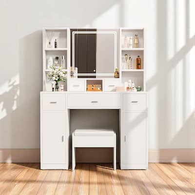 43" Vanity Desk with LED Mirror & Lights, Hair Dryer Rack, 5 Drawers, 2 Cabinets & Stool, Makeup Dressing Table for Bedroom