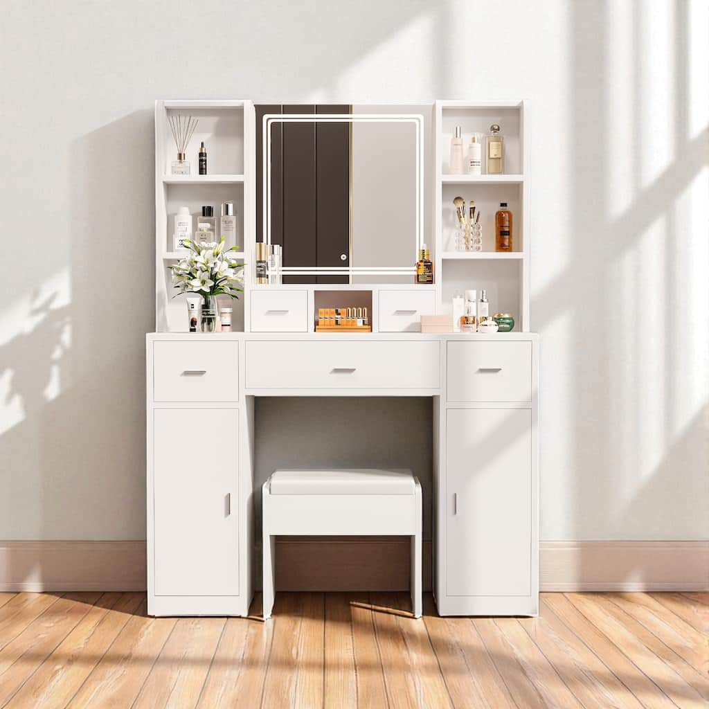 43" Vanity Desk with LED Mirror & Lights, Hair Dryer Rack, 5 Drawers, 2 Cabinets & Stool, Makeup Dressing Table for Bedroom
