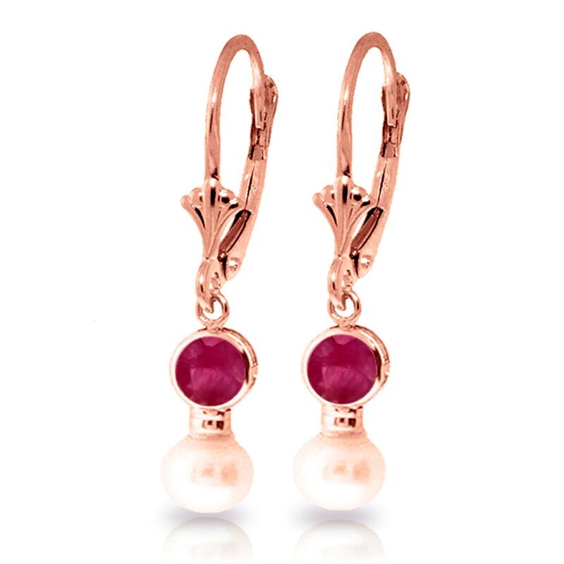 5.2 Carat 14K Solid Gold Leverback Earrings Natural Pearl Ruby - Rose