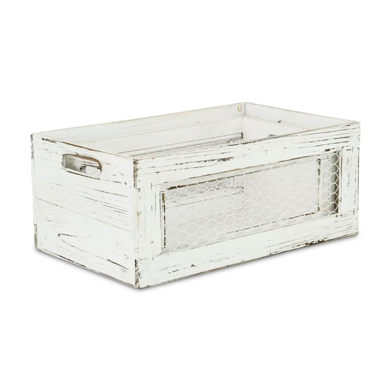 White Wooden Farm Style Wire Sided Crates (Set of 2) - L: 16.5" x W: 10.25" x H: 7.25"