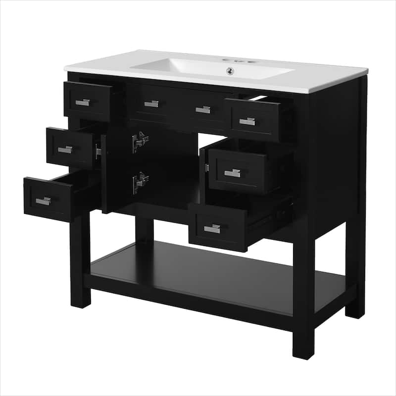 Roomfitters 36" Vanity with Sink, Modern Bathroom Cabinet with 2 Doors and 6 Drawers, Freestanding Storage Design