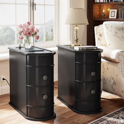 Sofa End Table, Wood Nightstand with 2 Drawers No Assembly Required